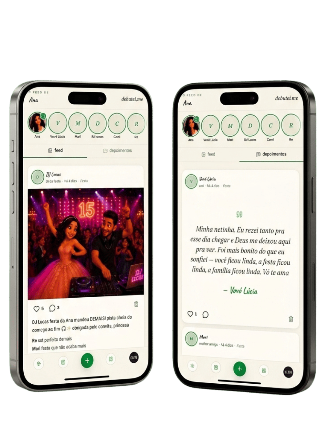 Prévia do feed debutei.me no celular